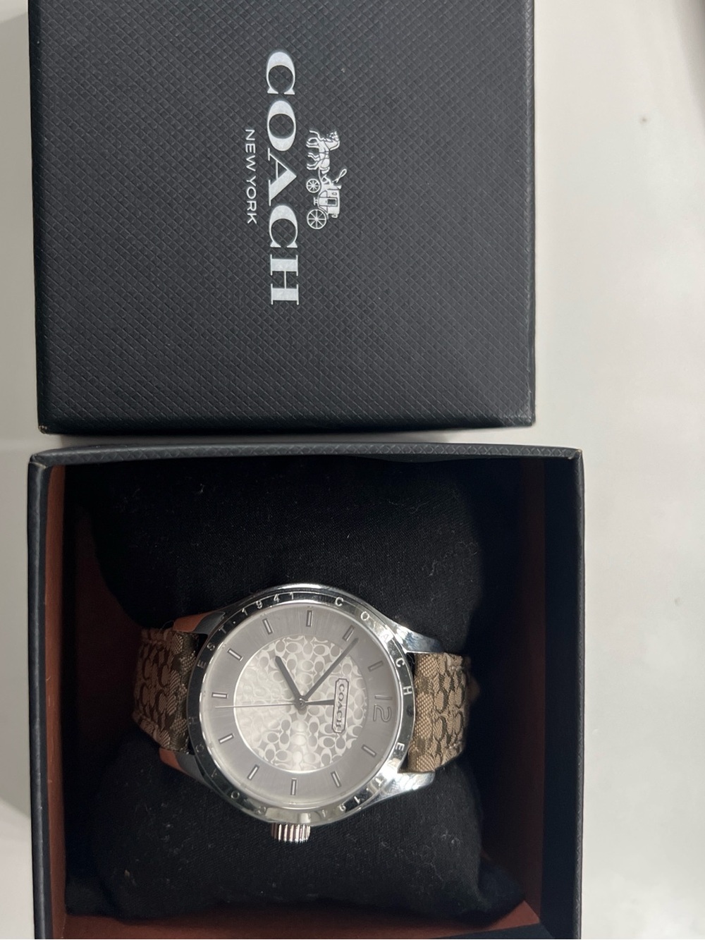 Coach Silver-Tone Watch with Khaki Signature Canvas Strap - Picture 4 of 4